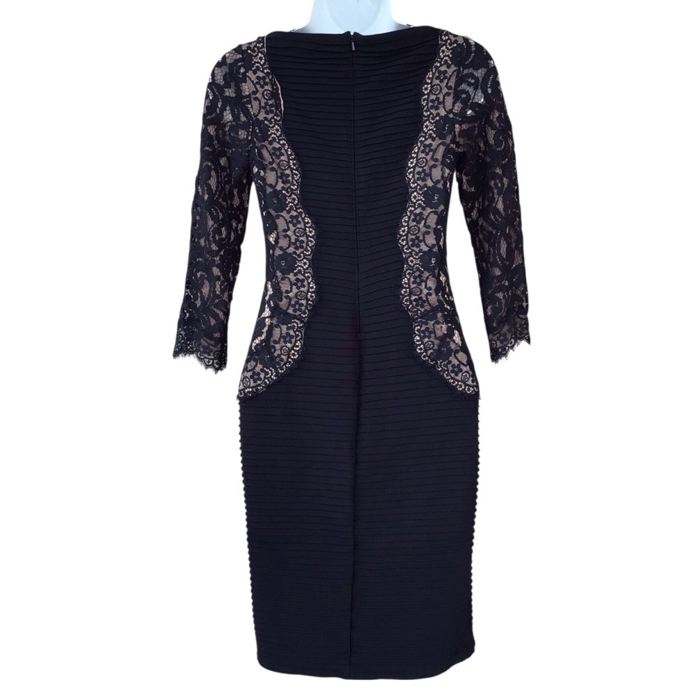 Tadashi Shoji Pintuck Jersey and Lace 3/4 Sleeve Dress in Black Nude $338 - Picture 5 of 9